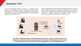 Accelerator: TR069
One of the challenges operators will face is to maintain quality,
consistency, and reliability of services to Enterprise M2M customers.
Telco operators are turning to remote management of CPE and soon
M2M devices to provision and manage advanced services while reducing
support costs and customer churn.
TR-069, the Broadband Forum’s CPE WAN management protocol, is now the
de-facto standard for remote CPE management. TR-069 provides standardized
remote device management for residential gateways and other devices. It
provides the necessary framework for efficient, scalable and secure
provisioning, to support a wide variety of broadband services.
ACL offers a TR-069 Client based on CPE WAN Management Protocol, a software component that can be
easily integrated with devices like residential gateways, Set Top boxes, Femtocell devices and other home
networking devices to make the devices remotely manageable from an Auto Configuration Server.
 