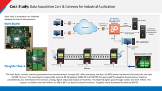 Case Study: Data Acquisition Card & Gateway for Industrial Application
The main board receives machine parameters from various sensors through ADC. After processing the data, the MCU sends the desired information to user over
10/100 Ethernet. The main board is powered by external AC-DC adapter (230V AC to 12Vdc/1A /UL approved).The daughter board receives machine
parameters/status information from sensors (analog, digital and pulse) outputs of machines. The received signals pass through isolator and level shifters. The
outputs of isolator and level shifters are fed to MCU via board to board connector. Daughter board is powered by external 24VDC
Main Board
Plant Floor IS hardware is an Ethernet
Gateway for industrial equipment.
Daughter Board
 