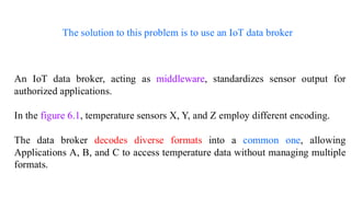 An IoT data broker, acting as middleware, standardizes sensor output for
authorized applications.
In the figure 6.1, temperature sensors X, Y, and Z employ different encoding.
The data broker decodes diverse formats into a common one, allowing
Applications A, B, and C to access temperature data without managing multiple
formats.
The solution to this problem is to use an IoT data broker
 