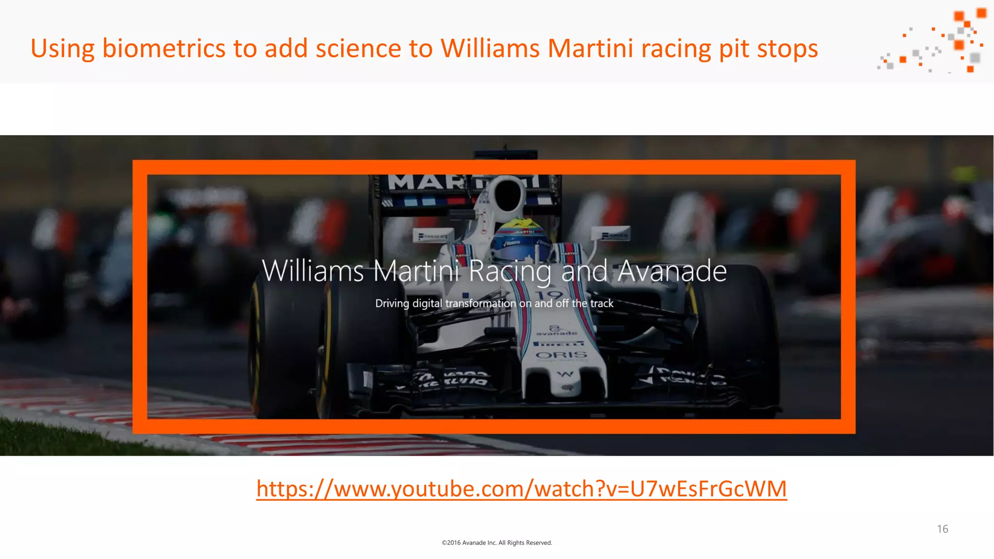 ©2016 Avanade Inc. All Rights Reserved.
Using biometrics to add science to Williams Martini racing pit stops
https://www.youtube.com/watch?v=U7wEsFrGcWM
16
 