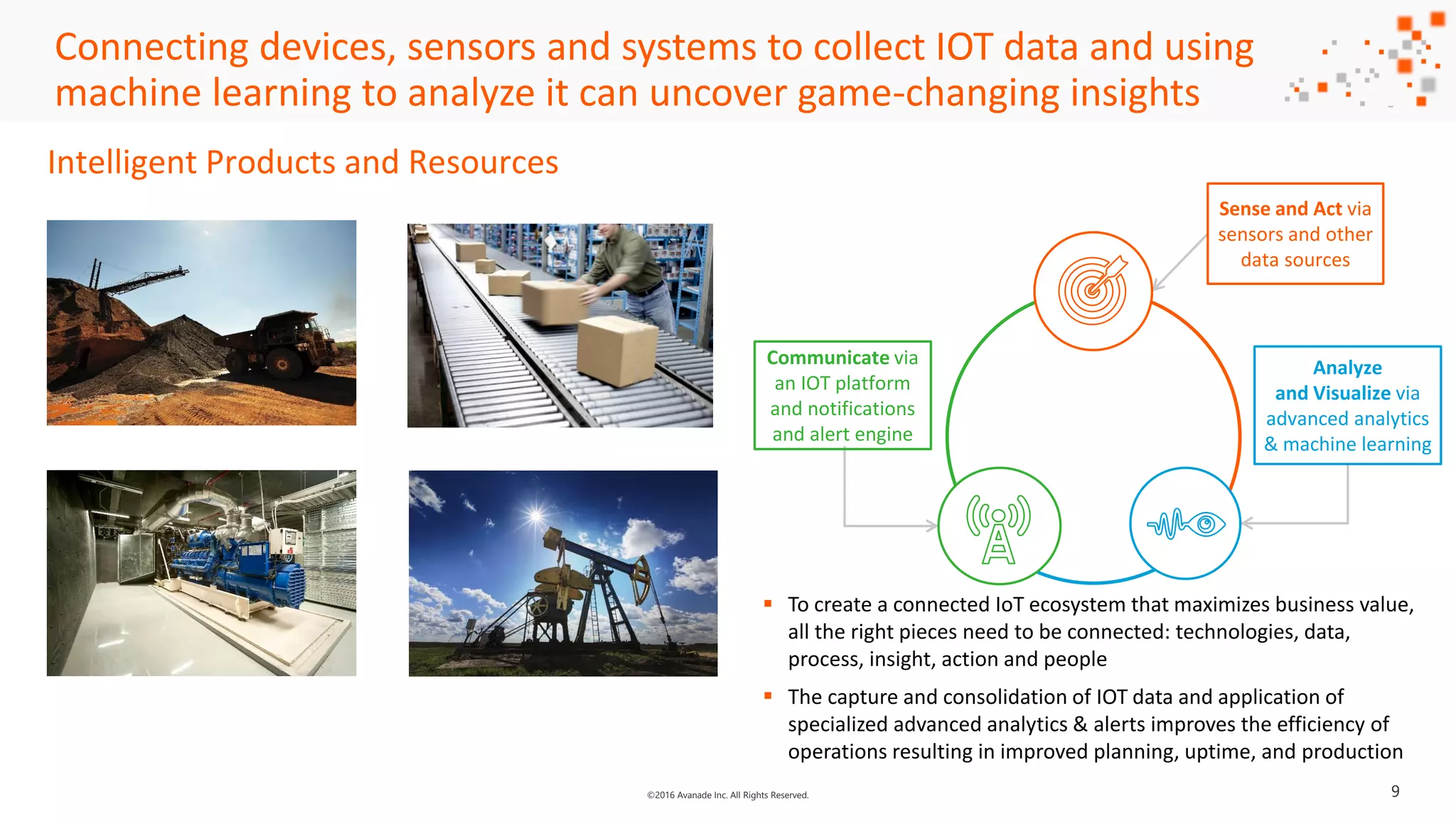 ©2016 Avanade Inc. All Rights Reserved.
Connecting devices, sensors and systems to collect IOT data and using
machine learning to analyze it can uncover game-changing insights
Intelligent Products and Resources
 To create a connected IoT ecosystem that maximizes business value,
all the right pieces need to be connected: technologies, data,
process, insight, action and people
 The capture and consolidation of IOT data and application of
specialized advanced analytics & alerts improves the efficiency of
operations resulting in improved planning, uptime, and production
Communicate via
an IOT platform
and notifications
and alert engine
Analyze
and Visualize via
advanced analytics
& machine learning
Sense and Act via
sensors and other
data sources
9
 
