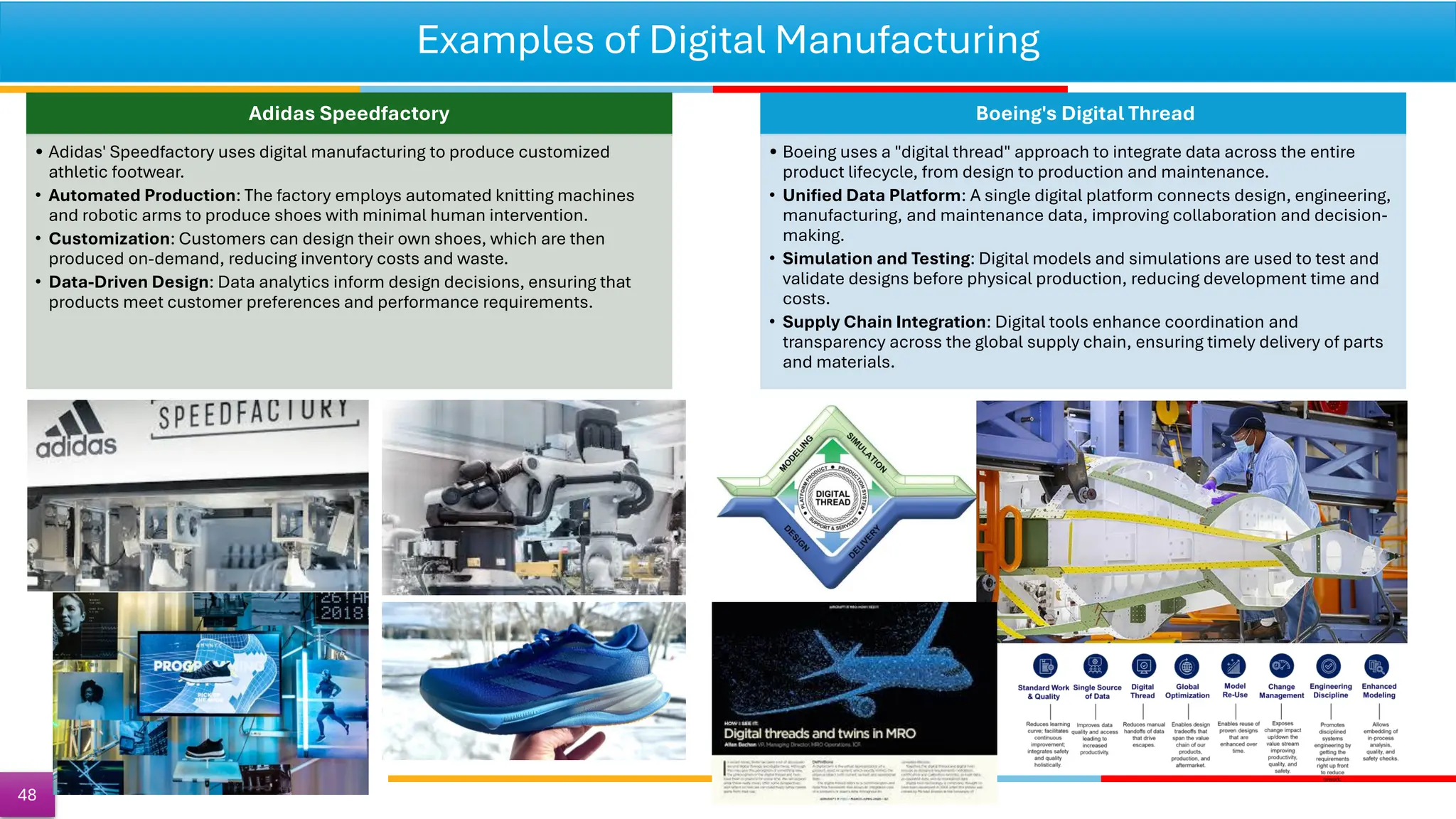 Examples of Digital Manufacturing
Adidas Speedfactory
• Adidas' Speedfactory uses digital manufacturing to produce customized
athletic footwear.
• Automated Production: The factory employs automated knitting machines
and robotic arms to produce shoes with minimal human intervention.
• Customization: Customers can design their own shoes, which are then
produced on-demand, reducing inventory costs and waste.
• Data-Driven Design: Data analytics inform design decisions, ensuring that
products meet customer preferences and performance requirements.
Boeing's Digital Thread
• Boeing uses a "digital thread" approach to integrate data across the entire
product lifecycle, from design to production and maintenance.
• Unified Data Platform: A single digital platform connects design, engineering,
manufacturing, and maintenance data, improving collaboration and decision-
making.
• Simulation and Testing: Digital models and simulations are used to test and
validate designs before physical production, reducing development time and
costs.
• Supply Chain Integration: Digital tools enhance coordination and
transparency across the global supply chain, ensuring timely delivery of parts
and materials.
48
 