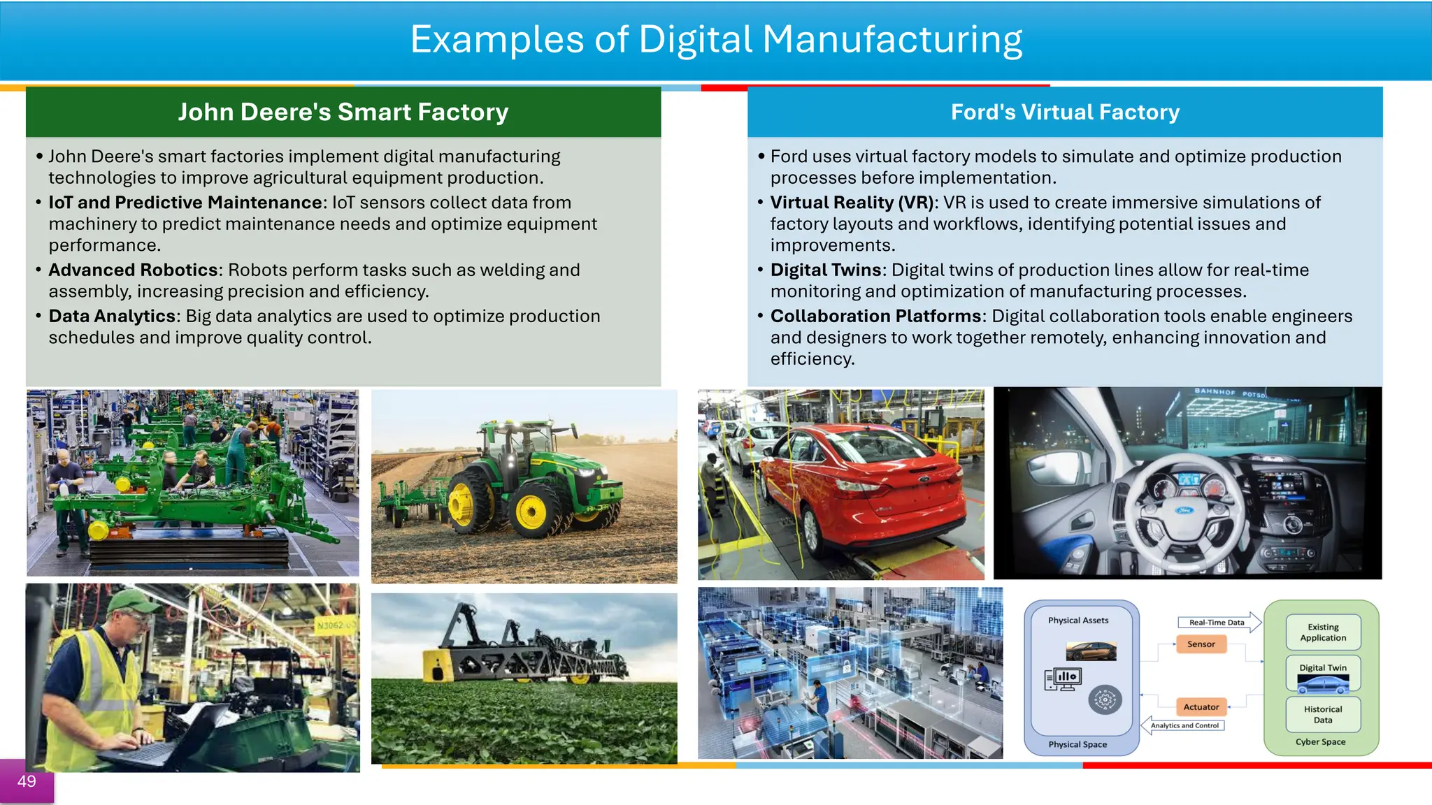 Examples of Digital Manufacturing
John Deere's Smart Factory
• John Deere's smart factories implement digital manufacturing
technologies to improve agricultural equipment production.
• IoT and Predictive Maintenance: IoT sensors collect data from
machinery to predict maintenance needs and optimize equipment
performance.
• Advanced Robotics: Robots perform tasks such as welding and
assembly, increasing precision and efficiency.
• Data Analytics: Big data analytics are used to optimize production
schedules and improve quality control.
Ford's Virtual Factory
• Ford uses virtual factory models to simulate and optimize production
processes before implementation.
• Virtual Reality (VR): VR is used to create immersive simulations of
factory layouts and workflows, identifying potential issues and
improvements.
• Digital Twins: Digital twins of production lines allow for real-time
monitoring and optimization of manufacturing processes.
• Collaboration Platforms: Digital collaboration tools enable engineers
and designers to work together remotely, enhancing innovation and
efficiency.
49
 