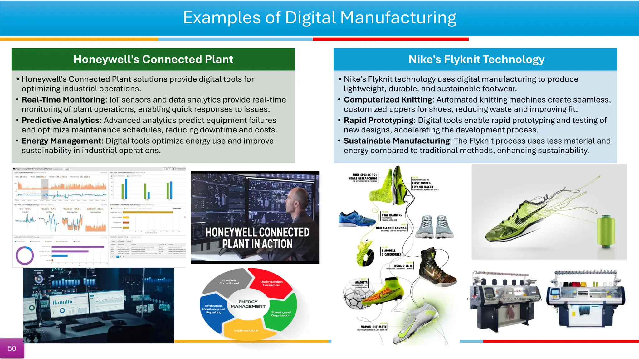Examples of Digital Manufacturing
Honeywell's Connected Plant
• Honeywell's Connected Plant solutions provide digital tools for
optimizing industrial operations.
• Real-Time Monitoring: IoT sensors and data analytics provide real-time
monitoring of plant operations, enabling quick responses to issues.
• Predictive Analytics: Advanced analytics predict equipment failures
and optimize maintenance schedules, reducing downtime and costs.
• Energy Management: Digital tools optimize energy use and improve
sustainability in industrial operations.
Nike's Flyknit Technology
• Nike's Flyknit technology uses digital manufacturing to produce
lightweight, durable, and sustainable footwear.
• Computerized Knitting: Automated knitting machines create seamless,
customized uppers for shoes, reducing waste and improving fit.
• Rapid Prototyping: Digital tools enable rapid prototyping and testing of
new designs, accelerating the development process.
• Sustainable Manufacturing: The Flyknit process uses less material and
energy compared to traditional methods, enhancing sustainability.
50
 