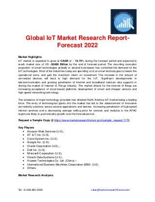 Tel: +1-646-845-9349 sales@marketresearchfuture.com
Global IoT Market Research Report-
Forecast 2022
Market Highlights
IoT market is expected to grow at CAGR of ~ 19.75% during the forecast period and expected to
reach market size of US ~$2488 Billion by the end of forecast period. The mounting execution
proportion of smart technologies globally in several businesses has controlled the demand for the
IoT technologies. Most of the industries today are spending a lot on smart technologies to lessen the
operational costs, and gain the maximum return on investment. The increase in the amount of
connected devices will lead to high demand for the IoT. Significant developments in
telecommunication and growing penetration of internet and broadband services also supports in
driving the market of Internet of Things industry. The market drivers for the internet of things are
increasing acceptance of cloud based platforms development of smart and cheaper sensors and
high speed networking technology.
The existence of major technology providers has directed North America IoT market being a leading
force. The entry of technological giants into the market has led to the advancement of innovative
connectivity solutions across several applications and devices. Increasing penetration of high-speed
internet services and a decreasing average selling price for sensors and modules in the APAC
region are likely to push industry growth over the forecast period.
Request a Sample Copy @ https://www.marketresearchfuture.com/sample_request/1176
Key Players
 Amazon Web Services (U.S),
 AT & T Inc. (U.S),
 Cisco System Inc. (U.S),
 Google Inc. (U.S),
 Oracle Corporation (U.S), ,
 Dell Inc. (U.S),
 Microsoft Corporation (U.S),
 Hitachi Data Systems (U.S.),
 Huawei Technologies Co. Ltd. (China) –
 International Business Machines Corporation (IBM) (U.S)
 Others.
Market Research Analysis:
 