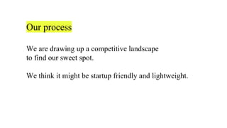 Our process
We are drawing up a competitive landscape
to find our sweet spot.
We think it might be startup friendly and lightweight.
 