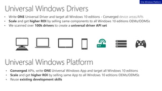 • Write ONE Universal Driver and target all Windows 10 editions - Converged device areas/APIs
• Scale and get higher ROI by selling same components to all Windows 10 editions
• Converged APIs, write ONE Universal Windows App and target all Windows 10 editions
• Scale and get higher ROI by selling same App to all Windows 10 editions
 