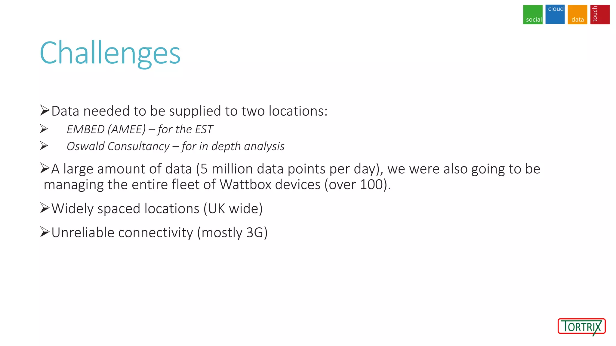 Challenges
Data needed to be supplied to two locations:
 EMBED (AMEE) – for the EST
 Oswald Consultancy – for in depth analysis
A large amount of data (5 million data points per day), we were also going to be
managing the entire fleet of Wattbox devices (over 100).
Widely spaced locations (UK wide)
Unreliable connectivity (mostly 3G)
 