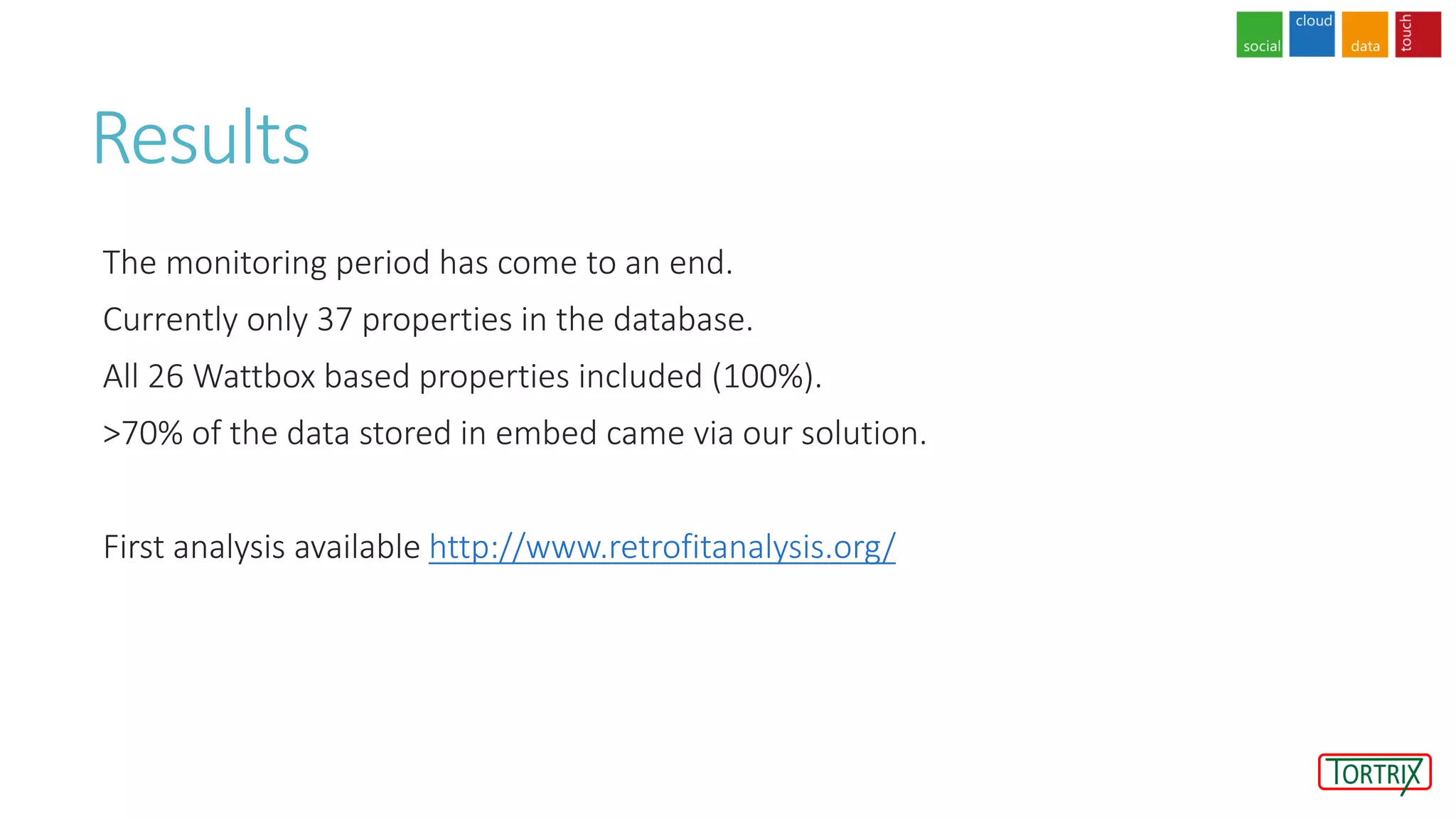 Results
The monitoring period has come to an end.
Currently only 37 properties in the database.
All 26 Wattbox based properties included (100%).
>70% of the data stored in embed came via our solution.
First analysis available http://www.retrofitanalysis.org/
 