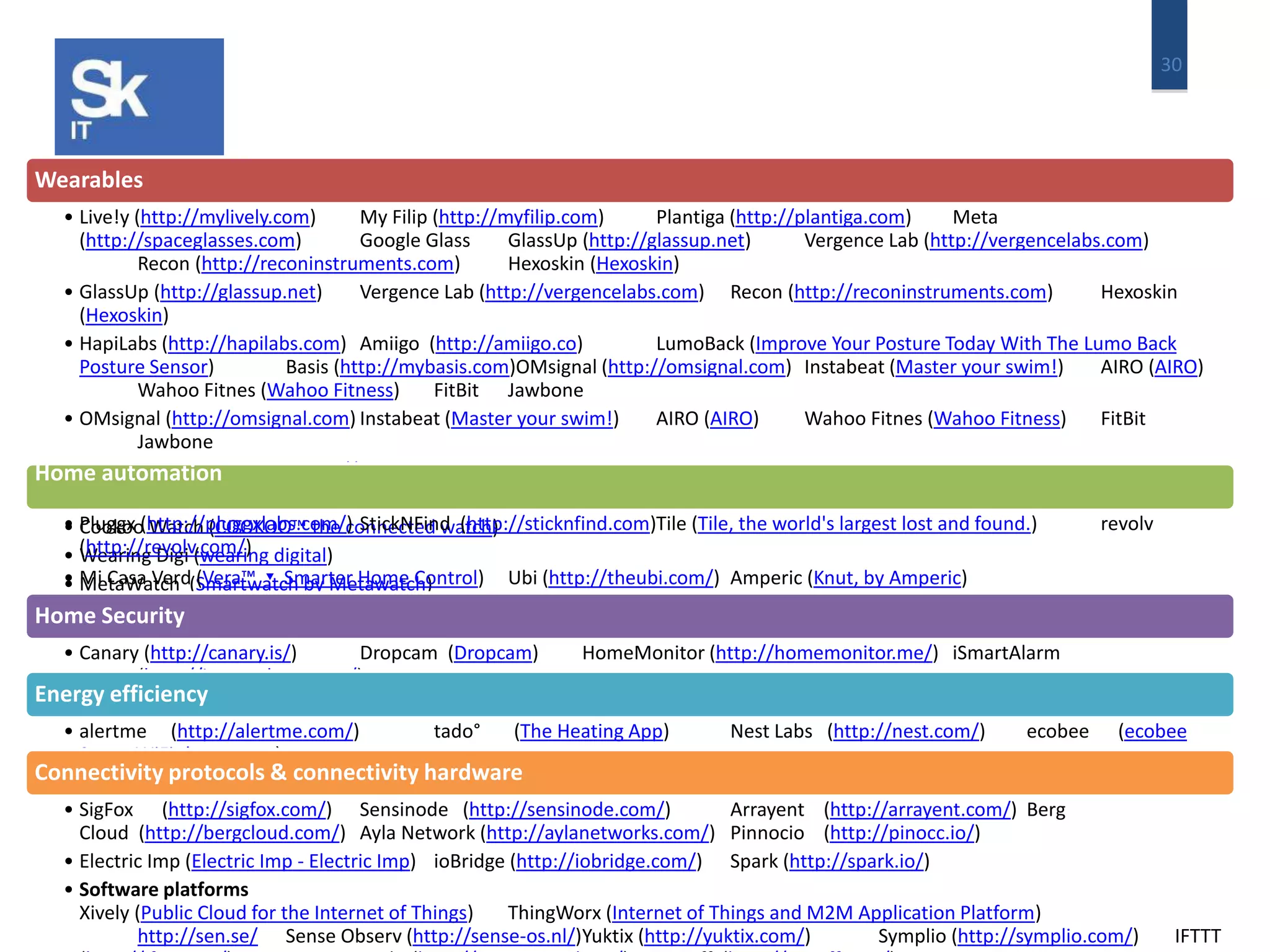 30 
Wearables 
• Live!y (http://mylively.com) My Filip (http://myfilip.com) Plantiga (http://plantiga.com) Meta 
(http://spaceglasses.com) Google Glass GlassUp (http://glassup.net) Vergence Lab (http://vergencelabs.com) 
Recon (http://reconinstruments.com) Hexoskin (Hexoskin) 
• GlassUp (http://glassup.net) Vergence Lab (http://vergencelabs.com) Recon (http://reconinstruments.com) Hexoskin 
(Hexoskin) 
• HapiLabs (http://hapilabs.com) Amiigo (http://amiigo.co) LumoBack (Improve Your Posture Today With The Lumo Back 
Posture Sensor) Basis (http://mybasis.com)OMsignal (http://omsignal.com) Instabeat (Master your swim!) AIRO (AIRO) 
Wahoo Fitnes (Wahoo Fitness) FitBit Jawbone 
• OMsignal (http://omsignal.com) Instabeat (Master your swim!) AIRO (AIRO) Wahoo Fitnes (Wahoo Fitness) FitBit 
Jawbone 
• BodyMedia Withings (http://withings.com) 
• Thalmic Labs (Thalmic Labs) Bionym (Bionym) 
• Cookoo Watch (COOKOO™ the connected watch) 
• Wearing Digi (wearing digital) 
• MetaWatch (Smartwatch by Metawatch) 
• Pebble (Pebble Smartwatch) 
Home automation 
• Pluggx (http://pluggxlabs.com/) StickNFind (http://sticknfind.com)Tile (Tile, the world's largest lost and found.) revolv 
(http://revolv.com/) 
• Mi Casa Verd (Vera™ ▾ Smarter Home Control) Ubi (http://theubi.com/) Amperic (Knut, by Amperic) 
• ambi (http://getambi.com) Lifx (The lightbulb reinvented) WeMo (@belkin)SmartThings (http://smartthings.com/) 
Home Security 
Lockitron (Keyless entry using your phone) Supermechanic (Listen to your home, wherever you are.) 
• Canary (http://canary.is/) Dropcam (Dropcam) HomeMonitor (http://homemonitor.me/) iSmartAlarm 
(http://ismartalarm.com/) 
Energy efficiency 
• alertme (http://alertme.com/) tado° (The Heating App) Nest Labs (http://nest.com/) ecobee (ecobee 
Smart WiFi thermostat) 
Connectivity protocols & connectivity hardware 
• SigFox (http://sigfox.com/) Sensinode (http://sensinode.com/) Arrayent (http://arrayent.com/) Berg 
Cloud (http://bergcloud.com/) Ayla Network (http://aylanetworks.com/) Pinnocio (http://pinocc.io/) 
• Electric Imp (Electric Imp - Electric Imp) ioBridge (http://iobridge.com/) Spark (http://spark.io/) 
• Software platforms 
Xively (Public Cloud for the Internet of Things) ThingWorx (Internet of Things and M2M Application Platform) 
http://sen.se/ Sense Observ (http://sense-os.nl/)Yuktix (http://yuktix.com/) Symplio (http://symplio.com/) IFTTT 
(http://ifttt.com/) MagnetWorks (http://magnetworks.in/) Zonoff (http://zonoff.com/) 
