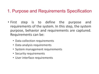 1. Purpose and Requirements Specification
• First step is to define the purpose and
requirements of the system. In this step, the system
purpose, behavior and requirements are captured.
Requirements can be:
• Data collection requirements
• Data analysis requirements
• System management requirements
• Security requirements
• User interface requirements
 
