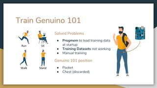 Train Genuino 101
Run Sit
Walk Stand
Solved Problems
● Progmem to load training data
at startup
● Training Datasets not working
● Manual training
Genuino 101 position
● Pocket
● Chest (discarded)
 