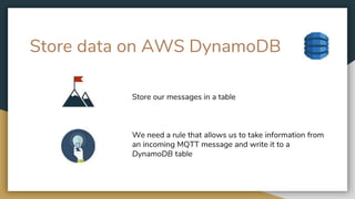 Store data on AWS DynamoDB
Store our messages in a table
We need a rule that allows us to take information from
an incoming MQTT message and write it to a
DynamoDB table
 
