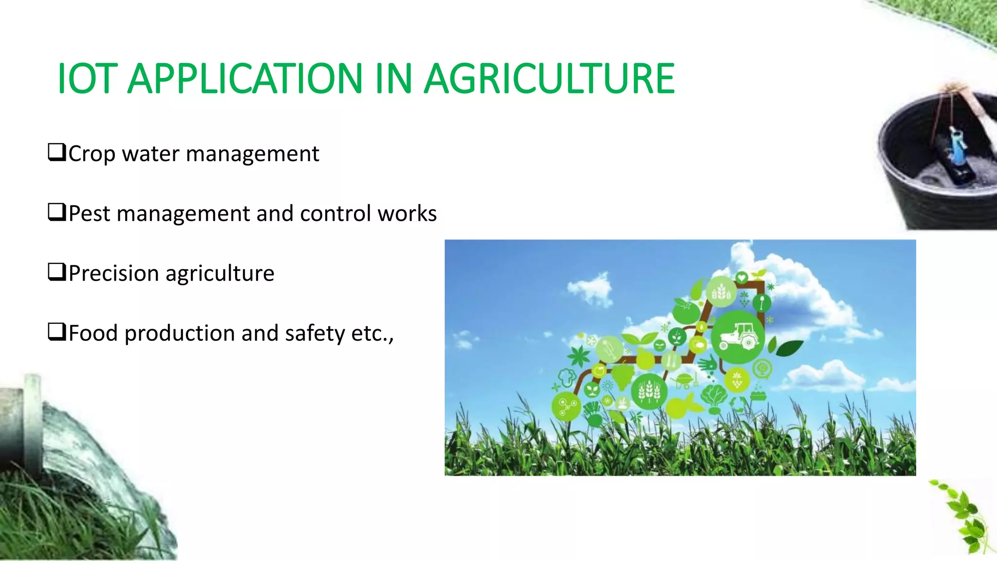 IOT APPLICATION IN AGRICULTURE
Crop water management
Pest management and control works
Precision agriculture
Food production and safety etc.,
 