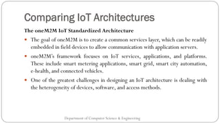 Comparing IoT Architectures
Department of Computer Science & Engineering
The oneM2M IoT Standardized Architecture
 The goal of oneM2M is to create a common services layer, which can be readily
embedded in field devices to allow communication with application servers.
 oneM2M’s framework focuses on IoT services, applications, and platforms.
These include smart metering applications, smart grid, smart city automation,
e-health, and connected vehicles.
 One of the greatest challenges in designing an IoT architecture is dealing with
the heterogeneity of devices, software, and access methods.
 