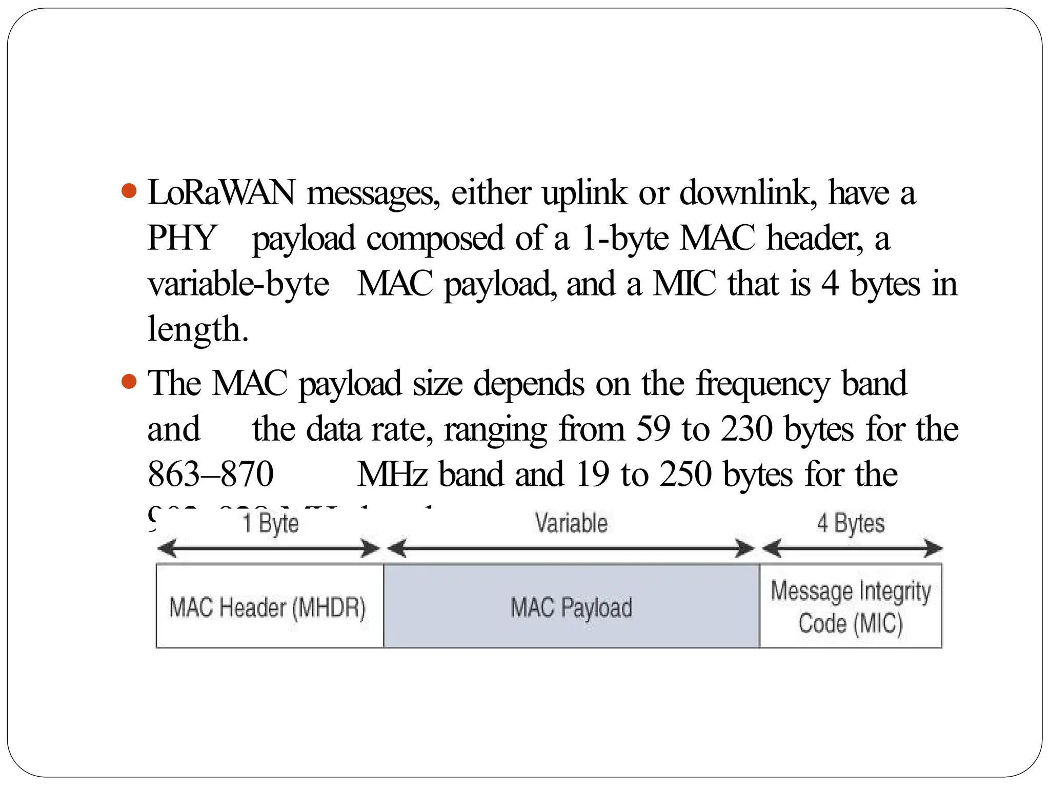 ⚫LoRaW
AN messages, either uplink or downlink, have a
PHY payload composed of a 1-byte MAC header, a
variable-byte MAC payload, and a MIC that is 4 bytes in
length.
⚫The MAC payload size depends on the frequency band
and the data rate, ranging from 59 to 230 bytes for the
863–870 MHz band and 19 to 250 bytes for the
902–928 MHz band
 