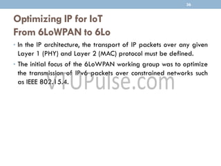 Optimizing IP for IoT
From 6LoWPAN to 6Lo
• In the IP architecture, the transport of IP packets over any given
Layer 1 (PHY) and Layer 2 (MAC) protocol must be defined.
• The initial focus of the 6LoWPAN working group was to optimize
the transmission of IPv6 packets over constrained networks such
as IEEE 802.15.4.
36
 