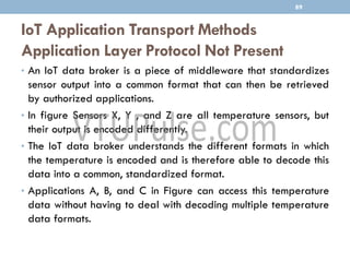 IoT Application Transport Methods
Application Layer Protocol Not Present
89
• An IoT data broker is a piece of middleware that standardizes
sensor output into a common format that can then be retrieved
by authorized applications.
• In figure Sensors X, Y , and Z are all temperature sensors, but
their output is encoded differently.
• The IoT data broker understands the different formats in which
the temperature is encoded and is therefore able to decode this
data into a common, standardized format.
• Applications A, B, and C in Figure can access this temperature
data without having to deal with decoding multiple temperature
data formats.
 