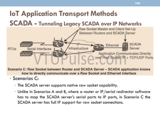 IoT Application Transport Methods
SCADA - Tunneling Legacy SCADA over IP Networks
100
• Scenarios C:
• The SCADA server supports native raw socket capability.
• Unlike in Scenarios A and B, where a router or IP/serial redirector software
has to map the SCADA server’s serial ports to IP ports, in Scenario C the
SCADA server has full IP support for raw socket connections.
 