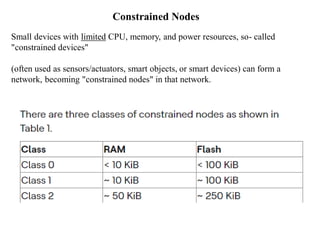 Constrained Nodes
Small devices with limited CPU, memory, and power resources, so- called
"constrained devices"
(often used as sensors/actuators, smart objects, or smart devices) can form a
network, becoming "constrained nodes" in that network.
 