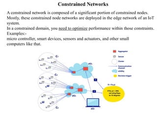 Constrained Networks
A constrained network is composed of a significant portion of constrained nodes.
Mostly, these constrained node networks are deployed in the edge network of an IoT
system.
In a constrained domain, you need to optimize performance within those constraints.
Examples:-
micro controller, smart devices, sensors and actuators, and other small
computers like that.
 