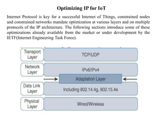 Optimizing IP for IoT
Internet Protocol is key for a successful Internet of Things, constrained nodes
and constrained networks mandate optimization at various layers and on multiple
protocols of the IP architecture. The following sections introduce some of these
optimizations already available from the market or under development by the
IETF(Internet Engineering Task Force).
 