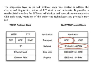 The adaptation layer in the IoT protocol stack was created to address the
diverse and fragmented nature of IoT devices and networks. It provides a
standardized interface for different IoT devices and networks to communicate
with each other, regardless of the underlying technologies and protocols they
use
 