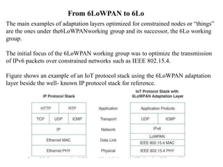 From 6LoWPAN to 6Lo
The main examples of adaptation layers optimized for constrained nodes or “things”
are the ones under the6LoWPANworking group and its successor, the 6Lo working
group.
The initial focus of the 6LoWPAN working group was to optimize the transmission
of IPv6 packets over constrained networks such as IEEE 802.15.4.
Figure shows an example of an IoT protocol stack using the 6LoWPAN adaptation
layer beside the well- known IP protocol stack for reference.
 