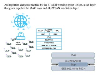 An important elements pacified by the 6TiSCH working group is 6top, a sub layer
that glues together the MAC layer and 6LoWPAN adaptation layer.
 