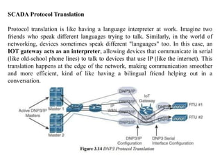 SCADA Protocol Translation
Protocol translation is like having a language interpreter at work. Imagine two
friends who speak different languages trying to talk. Similarly, in the world of
networking, devices sometimes speak different "languages" too. In this case, an
IOT gateway acts as an interpreter, allowing devices that communicate in serial
(like old-school phone lines) to talk to devices that use IP (like the internet). This
translation happens at the edge of the network, making communication smoother
and more efficient, kind of like having a bilingual friend helping out in a
conversation.
 