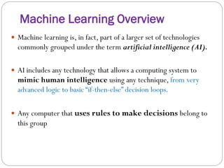 Machine Learning Overview
 Machine learning is, in fact, part of a larger set of technologies
commonly grouped under the term artificial intelligence (AI).
 AI includes any technology that allows a computing system to
mimic human intelligence using any technique, from very
advanced logic to basic “if-then-else” decision loops.
 Any computer that uses rules to make decisions belong to
this group
 
