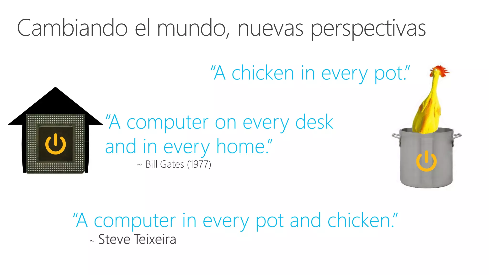 “A computer in every pot and chicken.”
“A chicken in every pot.”
~ Henry IV of France – 17th Century
“A computer on every desk
and in every home.”
~ Bill Gates (1977)
 
