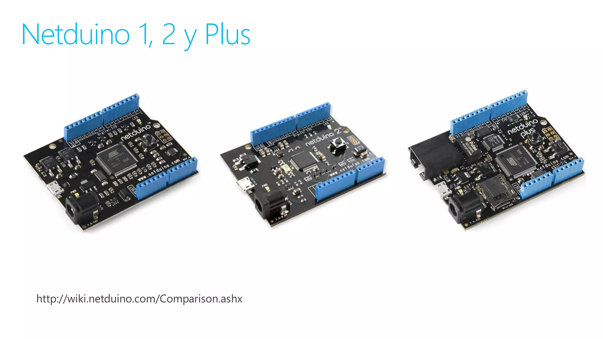 Netduino 1, 2 y Plus
http://wiki.netduino.com/Comparison.ashx
 