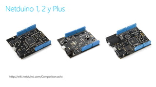 Netduino 1, 2 y Plus
http://wiki.netduino.com/Comparison.ashx
 