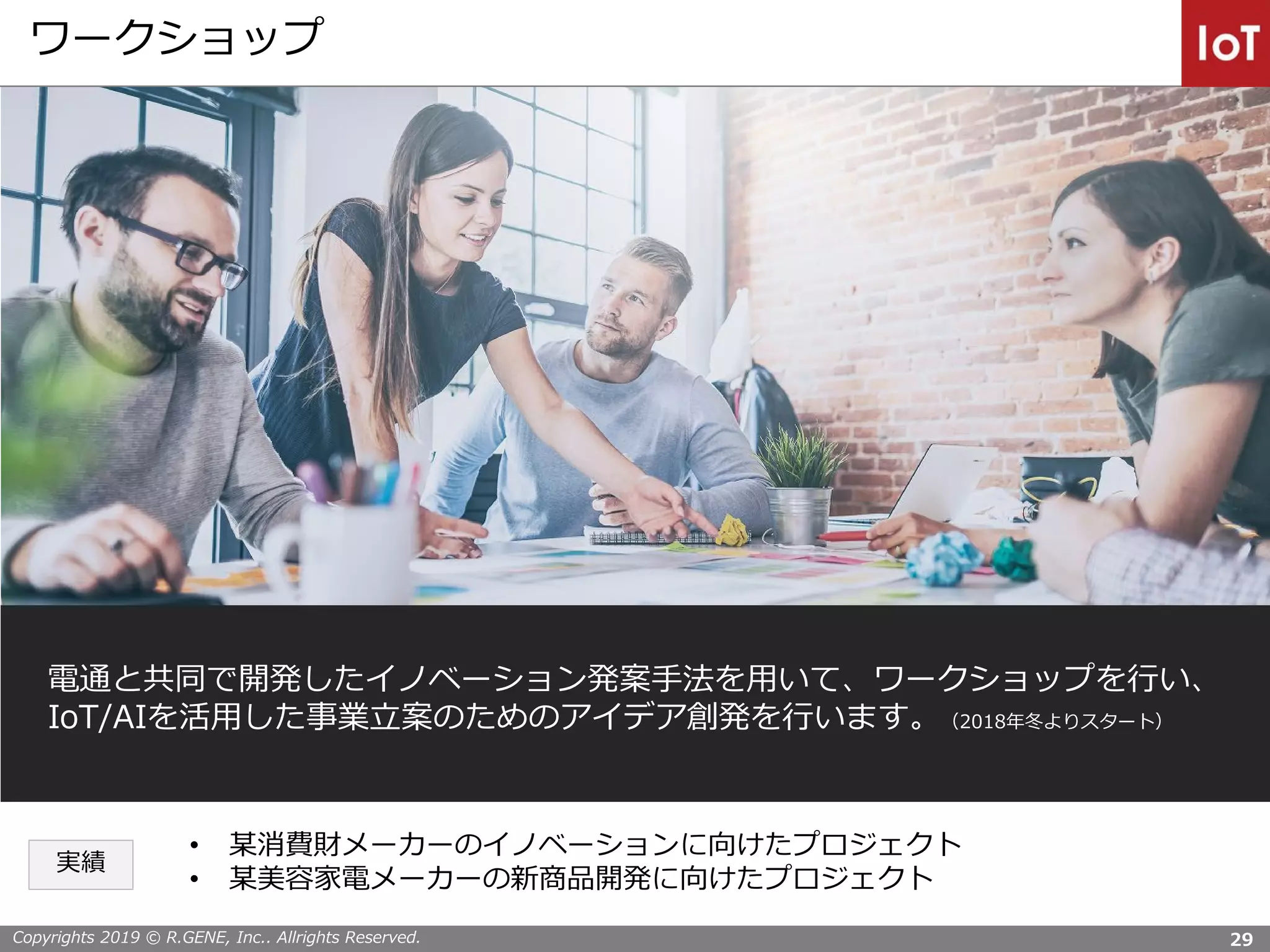 Copyrights 2019 © R.GENE, Inc.. Allrights Reserved.
ワークショップ
電通と共同で開発したイノベーション発案手法を用いて、ワークショップを行い、
IoT/AIを活用した事業立案のためのアイデア創発を行います。（2018年冬よりスタート）
29
• 某消費財メーカーのイノベーションに向けたプロジェクト
• 某美容家電メーカーの新商品開発に向けたプロジェクト
実績
 