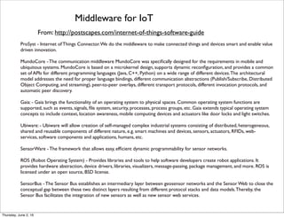 From: http://postscapes.com/internet-of-things-software-guide
Middleware for IoT
ProSyst - Internet of Things Connector.We do the middleware to make connected things and devices smart and enable value
driven innovation.
MundoCore - The communication middleware MundoCore was speciﬁcally designed for the requirements in mobile and
ubiquitous systems. MundoCore is based on a microkernel design, supports dynamic reconﬁguration, and provides a common
set of APIs for different programming languages (Java, C++, Python) on a wide range of different devices.The architectural
model addresses the need for proper language bindings, different communication abstractions (Publish/Subscribe, Distributed
Object Computing, and streaming), peer-to-peer overlays, different transport protocols, different invocation protocols, and
automatic peer discovery.
Gaia: - Gaia brings the functionality of an operating system to physical spaces. Common operating system functions are
supported, such as events, signals, ﬁle system, security, processes, process groups, etc. Gaia extends typical operating system
concepts to include context, location awareness, mobile computing devices and actuators like door locks and light switches.
Ubiware: - Ubiware will allow creation of self-managed complex industrial systems consisting of distributed, heterogeneous,
shared and reusable components of different nature, e.g. smart machines and devices, sensors, actuators, RFIDs, web-
services, software components and applications, humans, etc.
SensorWare - The framework that allows easy, efﬁcient dynamic programmability for sensor networks.
ROS (Robot Operating System) - Provides libraries and tools to help software developers create robot applications. It
provides hardware abstraction, device drivers, libraries, visualizers, message-passing, package management, and more. ROS is
licensed under an open source, BSD license. 
SensorBus - The Sensor Bus establishes an intermediary layer between geosensor networks and the Sensor Web to close the
conceptual gap between these two distinct layers resulting from different protocol stacks and data models.Thereby, the
Sensor Bus facilitates the integration of new sensors as well as new sensor web services.
Thursday, July 21, 16
 