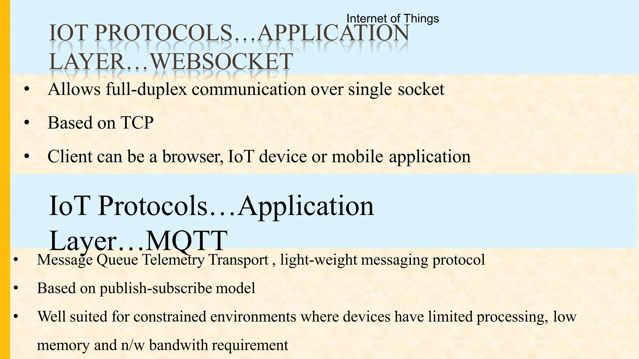 IOT PROTOCOLS…APPLICATION
LAYER…WEBSOCKET
• Allows full-duplex communication over single socket
• Based on TCP
• Client can be a browser, IoT device or mobile application
IoT Protocols…Application
Layer…MQTT
• Message Queue Telemetry Transport , light-weight messaging protocol
• Based on publish-subscribe model
• Well suited for constrained environments where devices have limited processing, low
memory and n/w bandwith requirement
Internet of Things
 