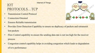 IOT
PROTOCOLS…TCP
• Transmission Control Protocol
• Connection Oriented
• Ensures Reliable transmission
• Provides Error Detection Capability to ensure no duplicacy of packets and retransmit
lost packets
• Flow Control capability to ensure the sending data rate is not too high for the receiver
process
• Congestion control capability helps in avoiding congestion which leads to degradation
of n/w performance
Internet of Things
 