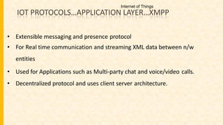 IOT PROTOCOLS…APPLICATION LAYER…XMPP
• Extensible messaging and presence protocol
• For Real time communication and streaming XML data between n/w
entities
• Used for Applications such as Multi-party chat and voice/video calls.
• Decentralized protocol and uses client server architecture.
Internet of Things
 