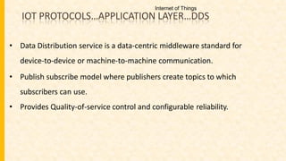 IOT PROTOCOLS…APPLICATION LAYER…DDS
• Data Distribution service is a data-centric middleware standard for
device-to-device or machine-to-machine communication.
• Publish subscribe model where publishers create topics to which
subscribers can use.
• Provides Quality-of-service control and configurable reliability.
Internet of Things
 