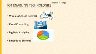 IOT ENABLING TECHNOLOGIES
• Wireless Sensor Network
• Cloud Computing
• Big Data Analytics
• Embedded Systems
Internet of Things
 