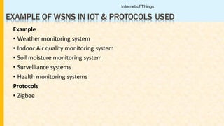 EXAMPLE OF WSNS IN IOT & PROTOCOLS USED
Example
• Weather monitoring system
• Indoor Air quality monitoring system
• Soil moisture monitoring system
• Survelliance systems
• Health monitoring systems
Protocols
• Zigbee
Internet of Things
 