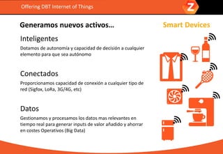 Generamos nuevos activos…
Inteligentes
Dotamos de autonomía y capacidad de decisión a cualquier
elemento para que sea autónomo
Conectados
Proporcionamos capacidad de conexión a cualquier tipo de
red (Sigfox, LoRa, 3G/4G, etc)
Datos
Gestionamos y procesamos los datos mas relevantes en
tiempo real para generar inputs de valor añadido y ahorrar
en costes Operativos (Big Data)
Offering DBT Internet of Things
Smart Devices
 