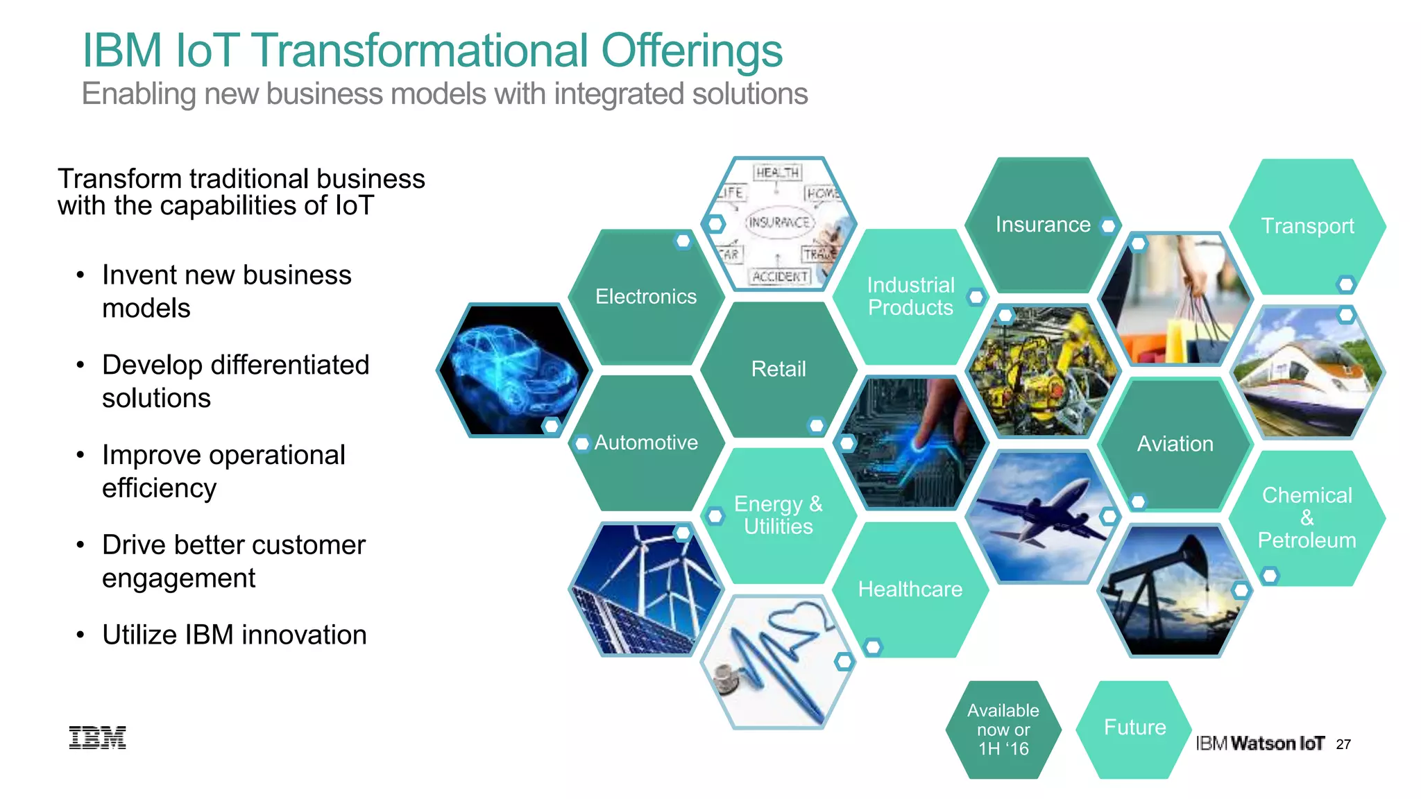 27
IBM IoT Transformational Offerings
Enabling new business models with integrated solutions
Automotive
Retail
Electronics
Industrial
Products
Insurance
Aviation
Energy &
Utilities
Chemical
&
Petroleum
Transport
Healthcare
Transform traditional business
with the capabilities of IoT
• Invent new business
models
• Develop differentiated
solutions
• Improve operational
efficiency
• Drive better customer
engagement
• Utilize IBM innovation
Available
now or
1H ‘16
Future
 