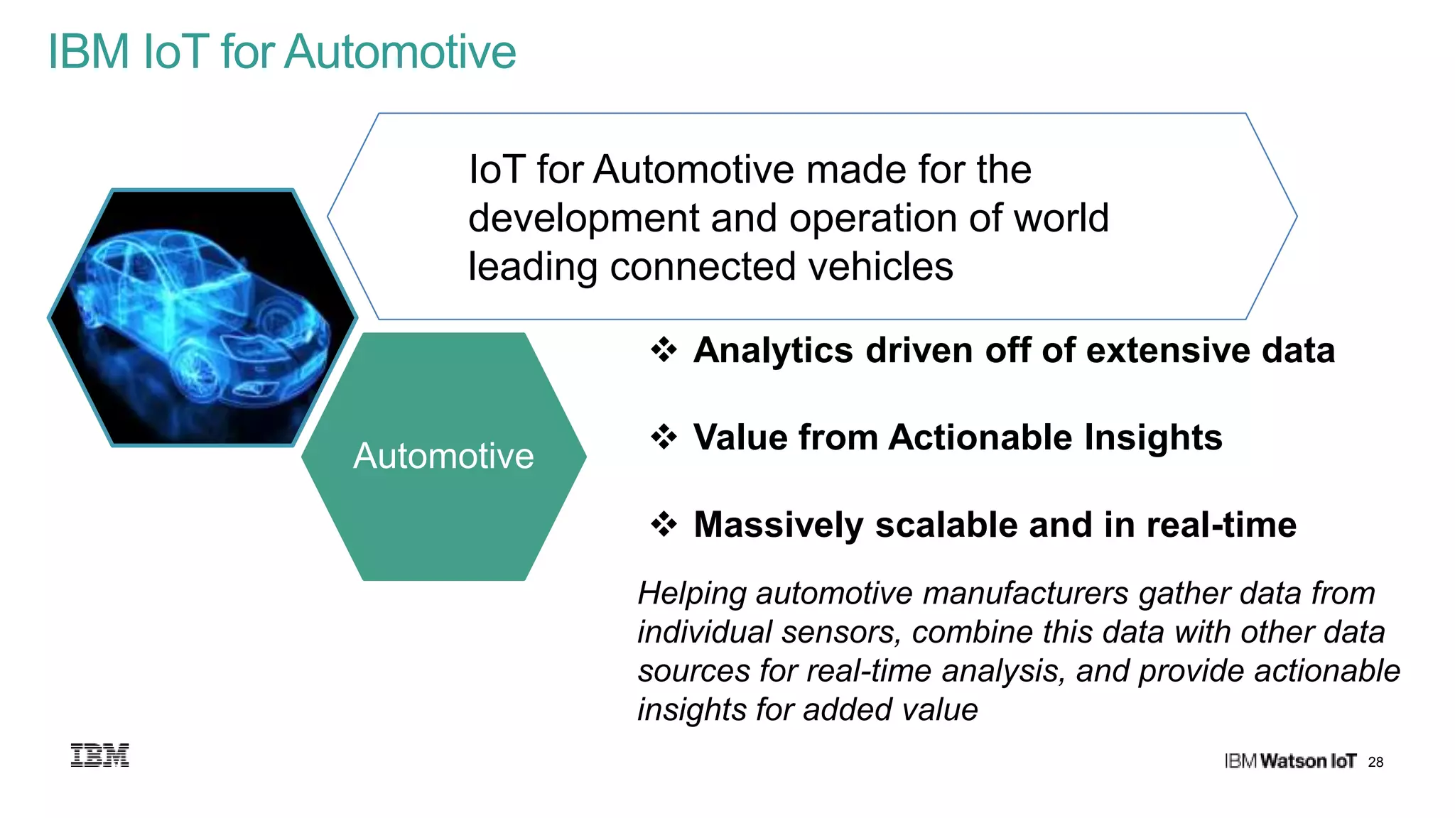 28
IBM IoT for Automotive
 Analytics driven off of extensive data
 Value from Actionable Insights
 Massively scalable and in real-time
IoT for Automotive made for the
development and operation of world
leading connected vehicles
Helping automotive manufacturers gather data from
individual sensors, combine this data with other data
sources for real-time analysis, and provide actionable
insights for added value
Automotive
 