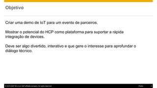 © 2015 SAP SE or an SAP affiliate company. All rights reserved. 3Public
Criar uma demo de IoT para um evento de parceiros.
Mostrar o potencial do HCP como plataforma para suportar a rápida
integração de devices.
Deve ser algo divertido, interativo e que gere o interesse para aprofundar o
diálogo técnico.
Objetivo
 