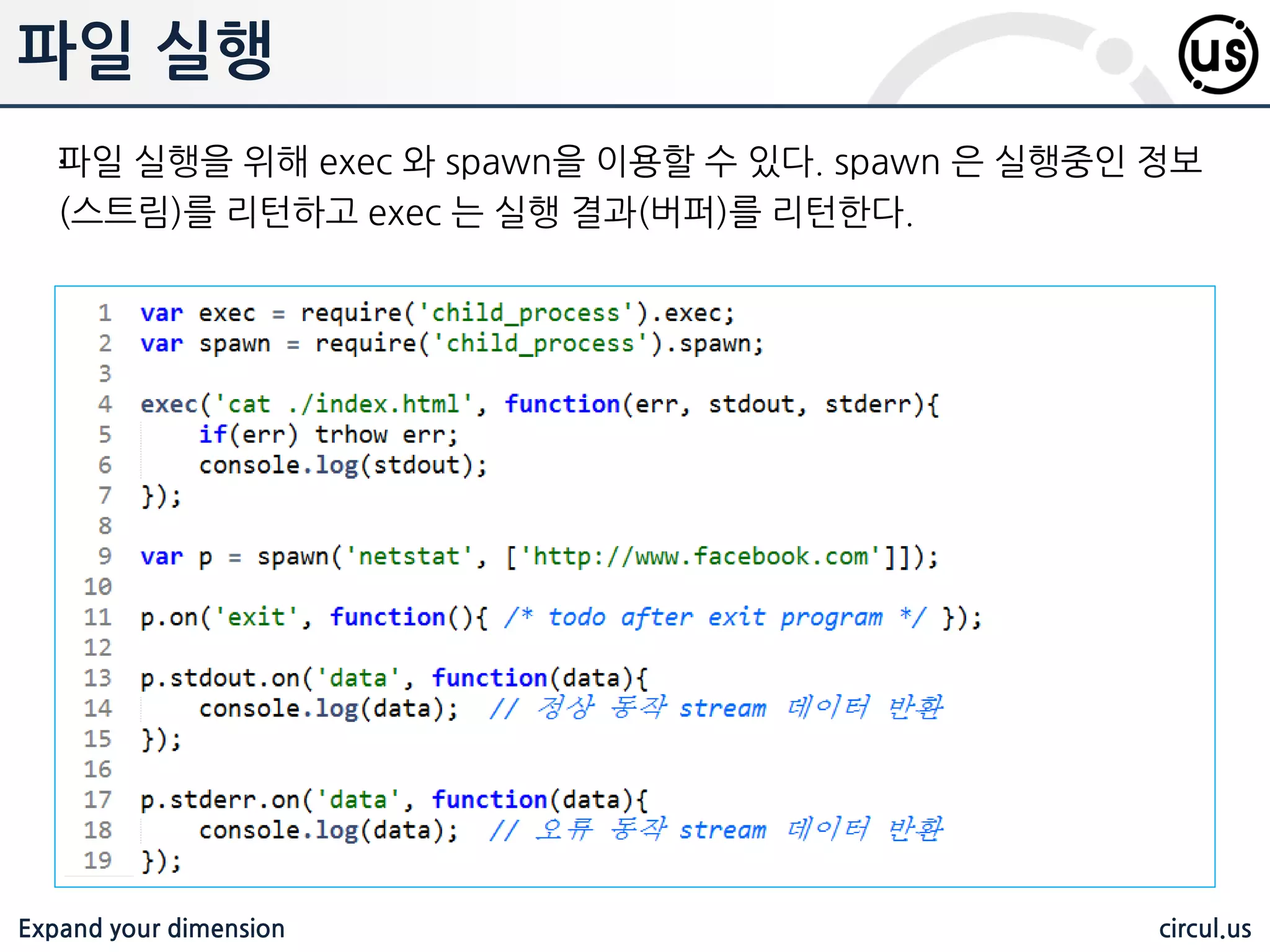 Expand your dimension circul.us 모듈 로딩 폴더 모듈 로딩 var module = require(‘./moduleDir’); 해당 폴더 내에서 모듈을 찾음 패키지라고 가정하며, package.json 을 찾는다. package.json 의 main 속성을 분석해 상대경로를 찾는다. package.json 파일이 없으면 index.js 를 찾는다 node_modules 폴더를 이용한 로딩 var module = require(‘myModule.js’); 위와 같이 작성하면 해당 경로의 ./node_modules/myModule.js 를 찾음. 없으면 상위의 node_modules 를 찾음. 위의 방식으로 root 폴더까지 탐색 후 없으면 오류 반홖 