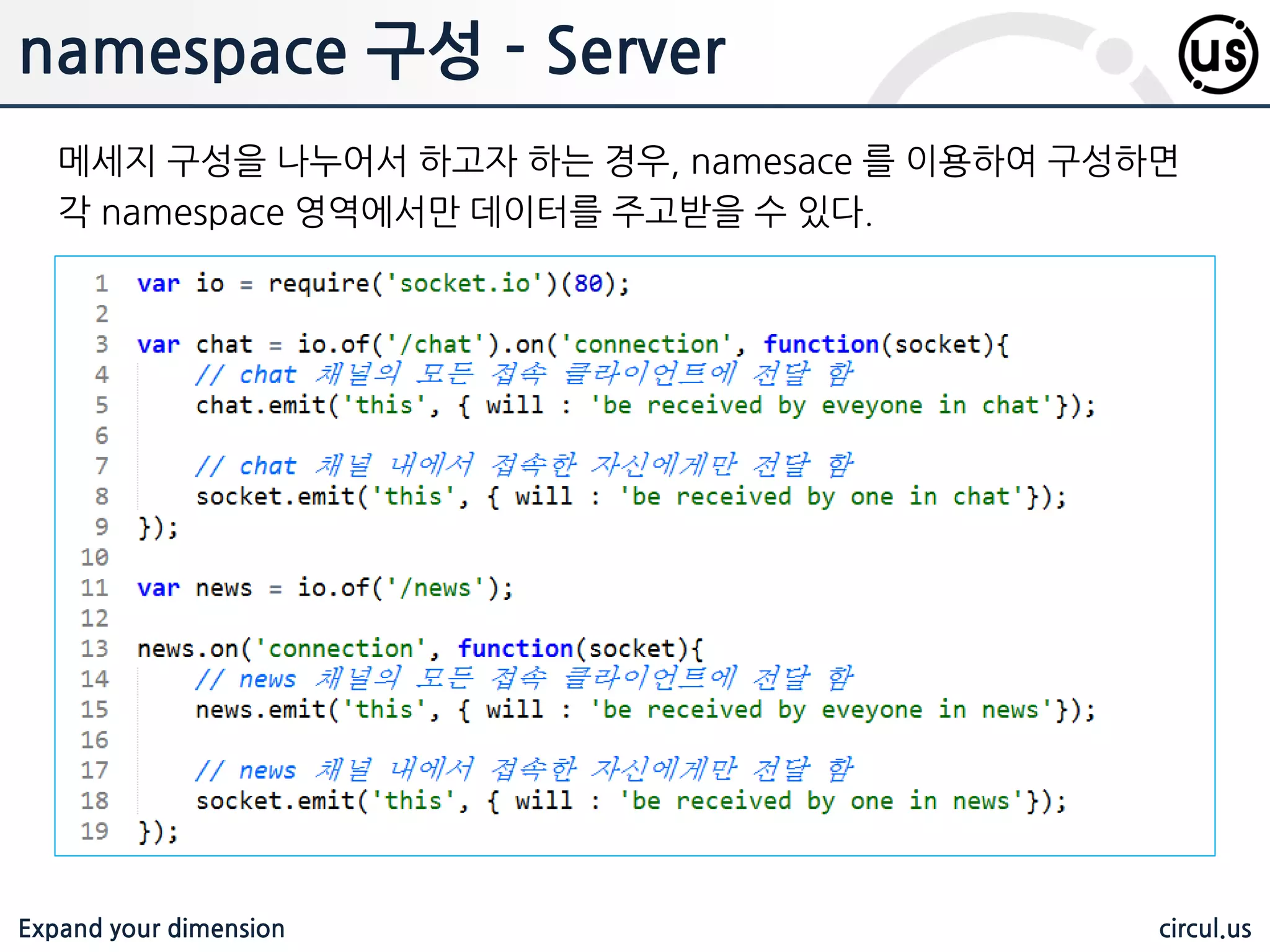 Expand your dimension circul.us SocketIO 웹을 통하여 Realtime 서비스를 구현하기 위해서는 HTML5 의 WebSocket 서비스를 이용할 수 있으나, 브라우저나 시스템 상황에 따라서 이용하지 못하 는 경우가 발생할 수 있다. WebSocket 과 유사한 기능을 제공하는 서비스로는 FlashSocket, AJAX Long Polling, AJAX Multipart Straming, iframe, JSONP Polling 등의 기 술이 있는데, socket.io 는 이러한 기술들을 하나의 API 로 추상화 하여, 브라 우저와 웹 서버의 종류와 버젂을 파악하여 가장 적합한 기술을 선택하여 사용 할 수 있게 해 준다. 