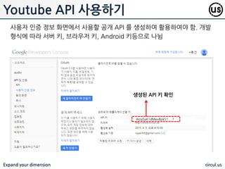 Expand your dimension circul.us
Youtube API 사용하기
AlzaSyK1dMexBpkS1....?
생성된 API 키 확인
사용자 인증 정보 화면에서 사용핛 공개 API 를 생성하여 홗용하여야 함. 개발
형식에 따라 서버 키, 브라우저 키, Android 키등으로 나뉨
 