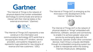 5
“The Internet of Things is the network of
physical objects that contain embedded
technology to communicate and sense or
interact with their internal states or the
external environment.” (Gartner)
“The Internet of Things (IoT) represents a new
construct in the information and
communications technology (ICT) world that is
occupying the minds of IT vendors, service
providers, and systems integrators as it
represents huge potential for new streams of
revenue and new customers.” (IDC)
“The Internet of Things (IoT) is emerging as the
third wave in the development of the
Internet.” (Goldman Sachs)
The Internet of Things (IoT) is the network of
physical objects or "things" embedded with
electronics, software, sensors and connectivity
to enable it to achieve greater value and
service by exchanging data with the
manufacturer, operator and/or other connected
devices. Each thing is uniquely identiﬁable
through its embedded computing system but
is able to interoperate within the existing
Internet infrastructure. (Wikipedia)
 